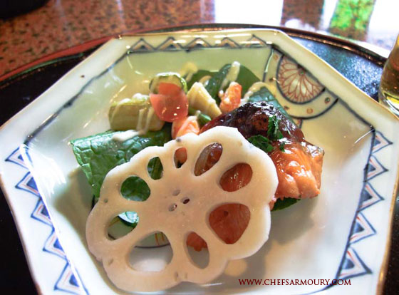 Lotus room and salmon salad, Kaiseki at Uji-Tatsumiya