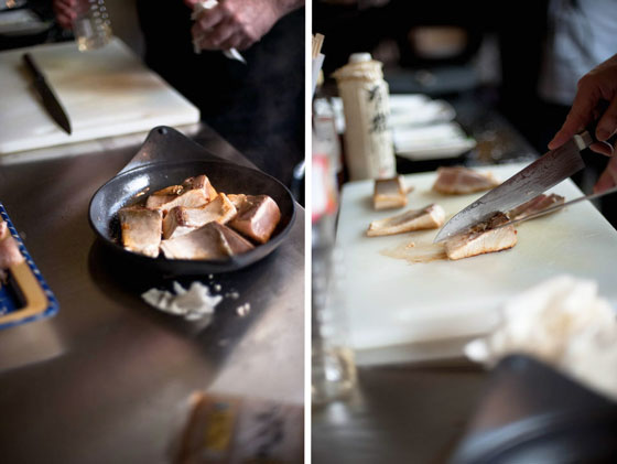 sashimi-demo-5 cast iron pan and kingfish